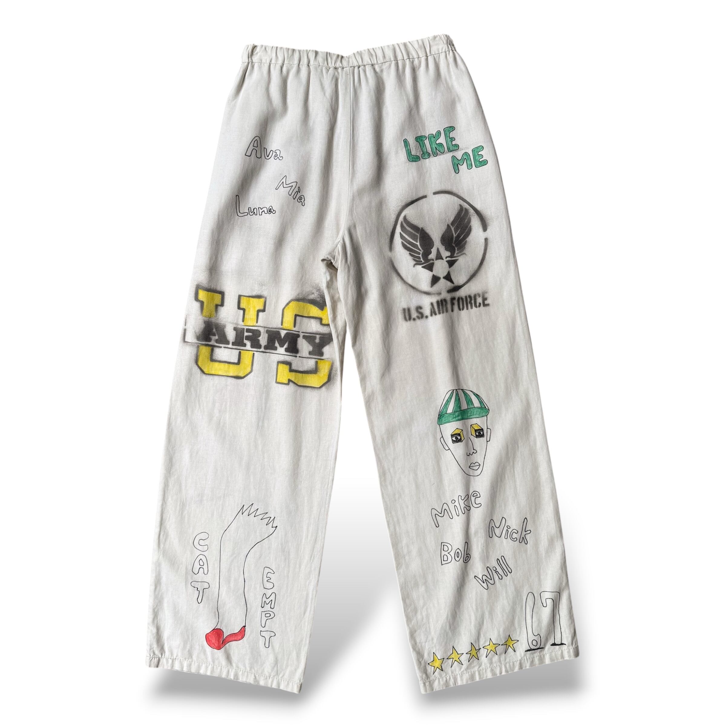 HAND PAINTED ART STENCIL MEMORIAL LINEN PANTS / ハンド ペイント