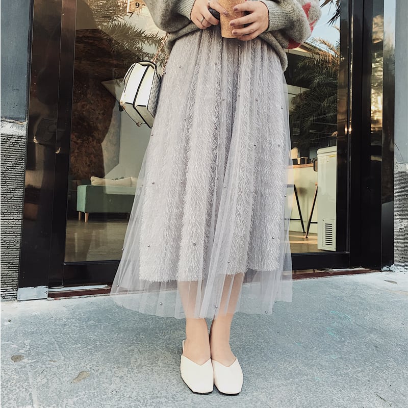 新品　ロングスカート　灰色　グレー　レース　チュール　シフォン　韓国　ドレス