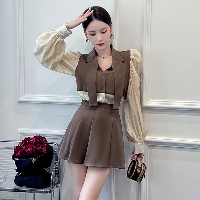 【2点セット】【3色】ミニドレス 大人可愛い 韓国っぽ おしゃれ 着瘦せ パフスリーブ XH2-ZED886831GD653