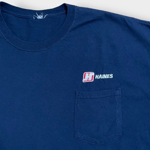 【USA古着】ワンポイント 刺繍ロゴ ポケットTシャツ ポケT HAINES 企業系 企業ロゴ X-LARGE以上 ビッグサイズ ゆるダボ ネイビー US古着