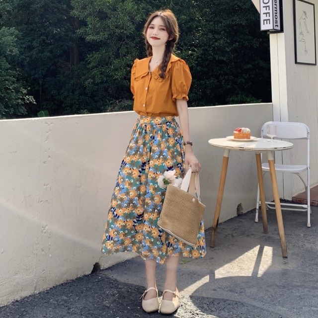 サマーカジュアルカラーシャツ ハイウェストウェストスカート 夏物 1号婦人41315688981