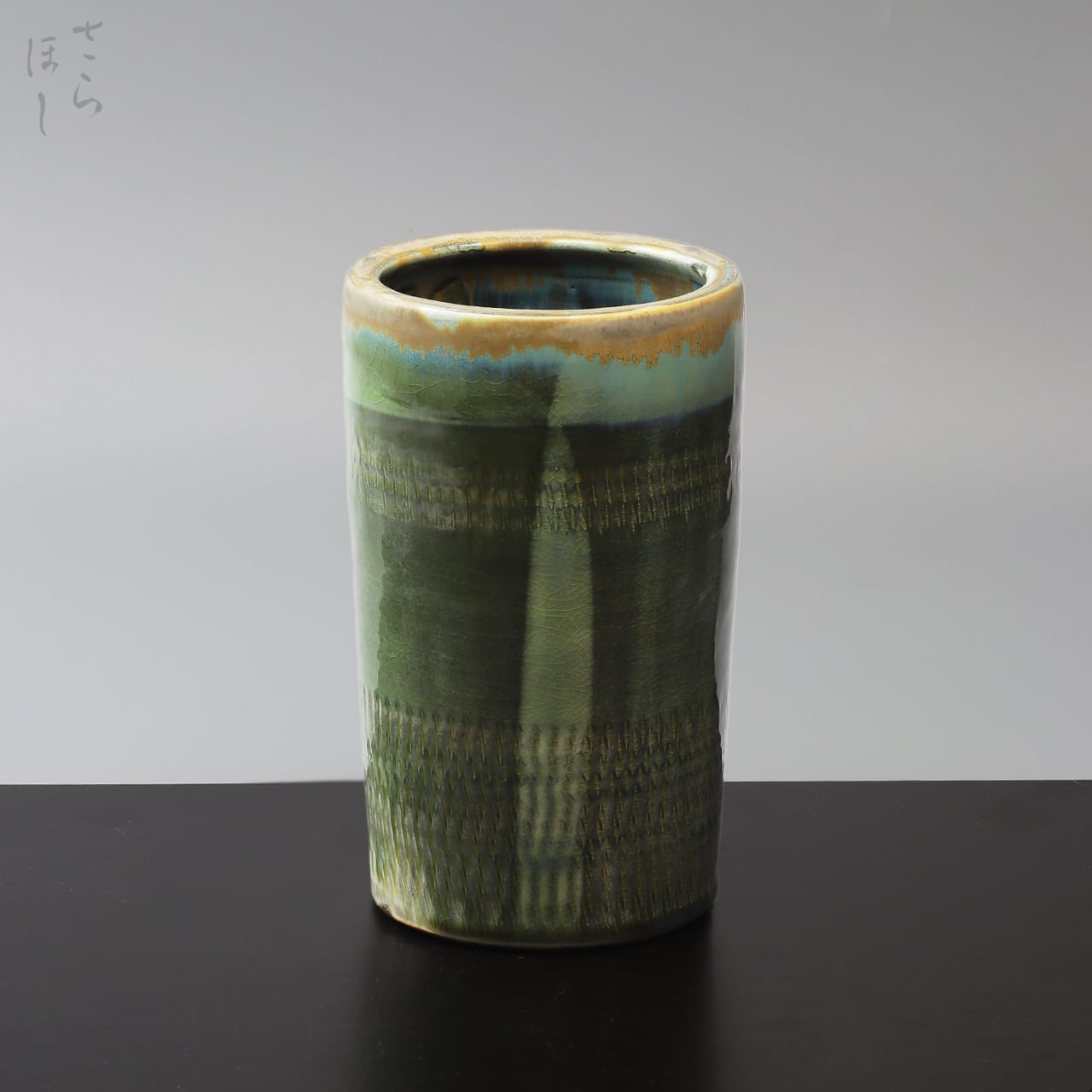 【一点もの】小鹿田焼 小袋窯 6寸筒花瓶 飛びかんな 緑 高さ約18cm 箸立て 筆立て カトラリースタンド 陶器 雑貨 民藝