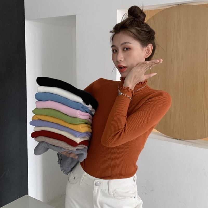 カラーカジュアルニットセーター レディーススプリングソリッド 長袖スリーブTシャツ トップス ロング 春物 ソリッドカラー YY-ファッション53511281437