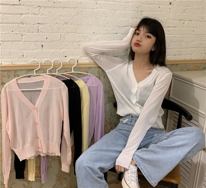 ニットセーター サマー薄手スタイルVネックブラウス 長袖スリーブルーズカーディガン ロング 夏物 YY-ファッション72706522015