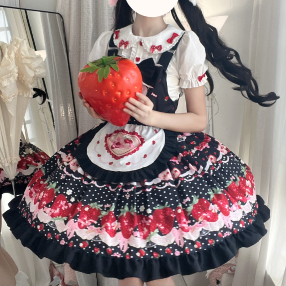 ゆめかわ♡全3カラー エプロン付きドット柄いちごJSK wanpi38 | ゆめ 