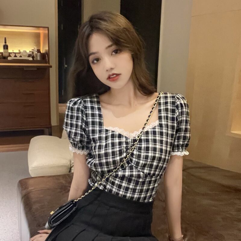 スリーブショートブラウス サマースタイルカラー格子柄シャツ 夏物 スクウェア スーパーモール52504210215