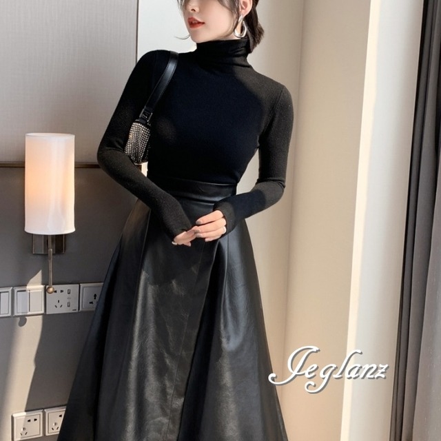 美ライン レザー Aライン ラップ風 スカート フェイク きれいめ（MB168）δ