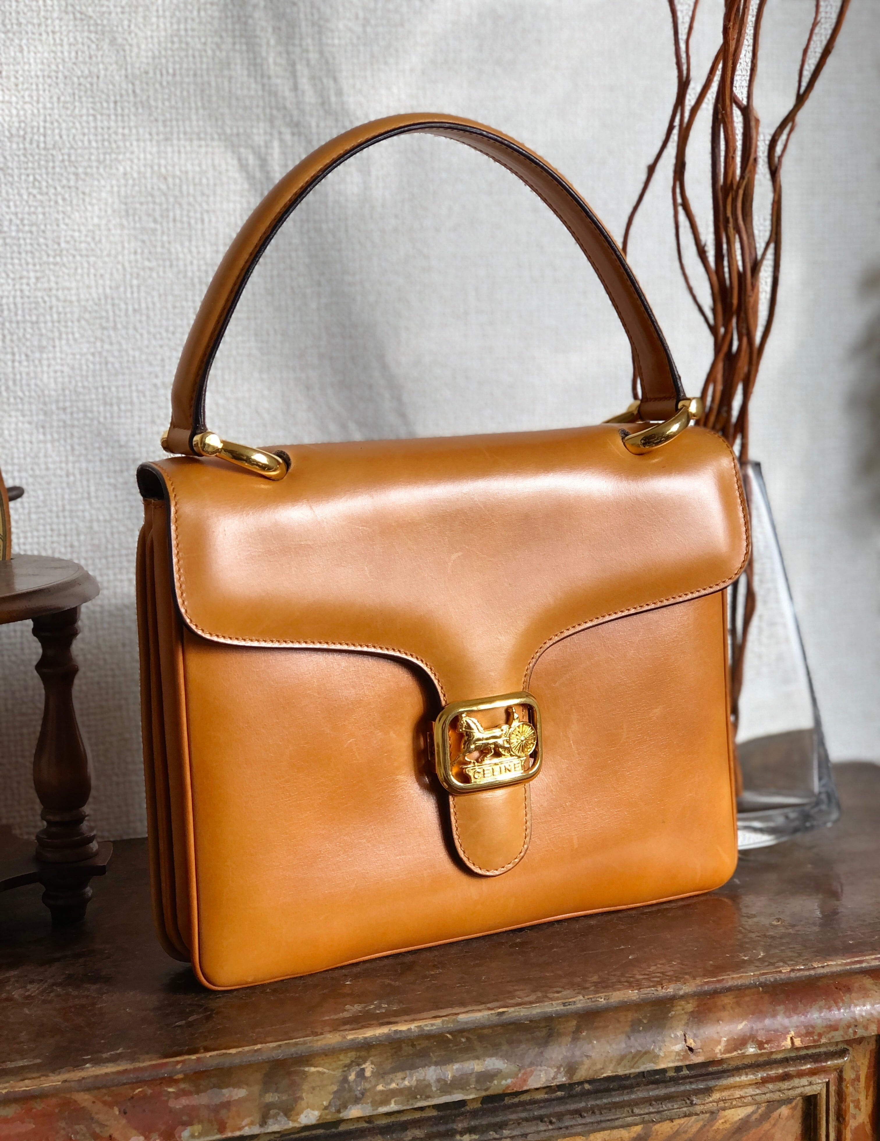 CELINE セリーヌ 馬車 ホースキャリッジ レザー スクエア ハンドバッグ キャメル オールドセリーヌ vintage vksi3i