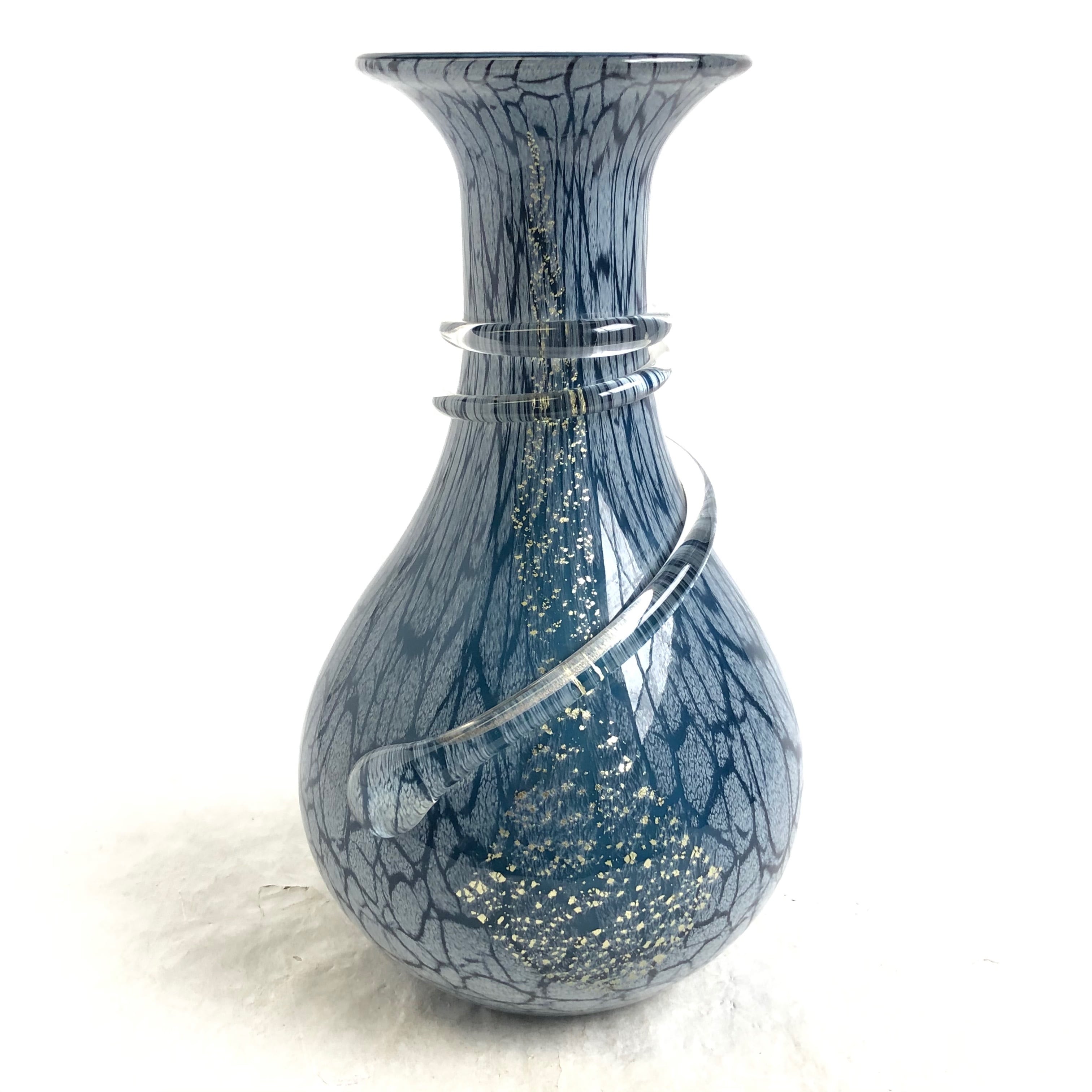 ガラス 花瓶 花器 フラワーベース 青 ブルー 金彩 昭和レトロ