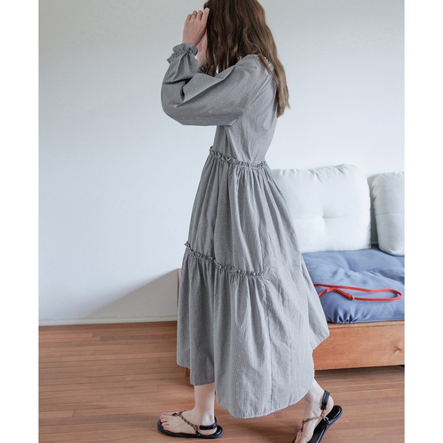 gingham check embroidered long shirt one-piece dress J00066