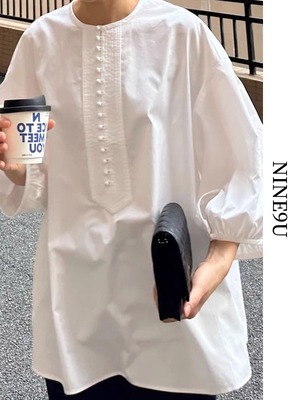 balloon-sleeve oversize back-slit blouse【NINE7832】