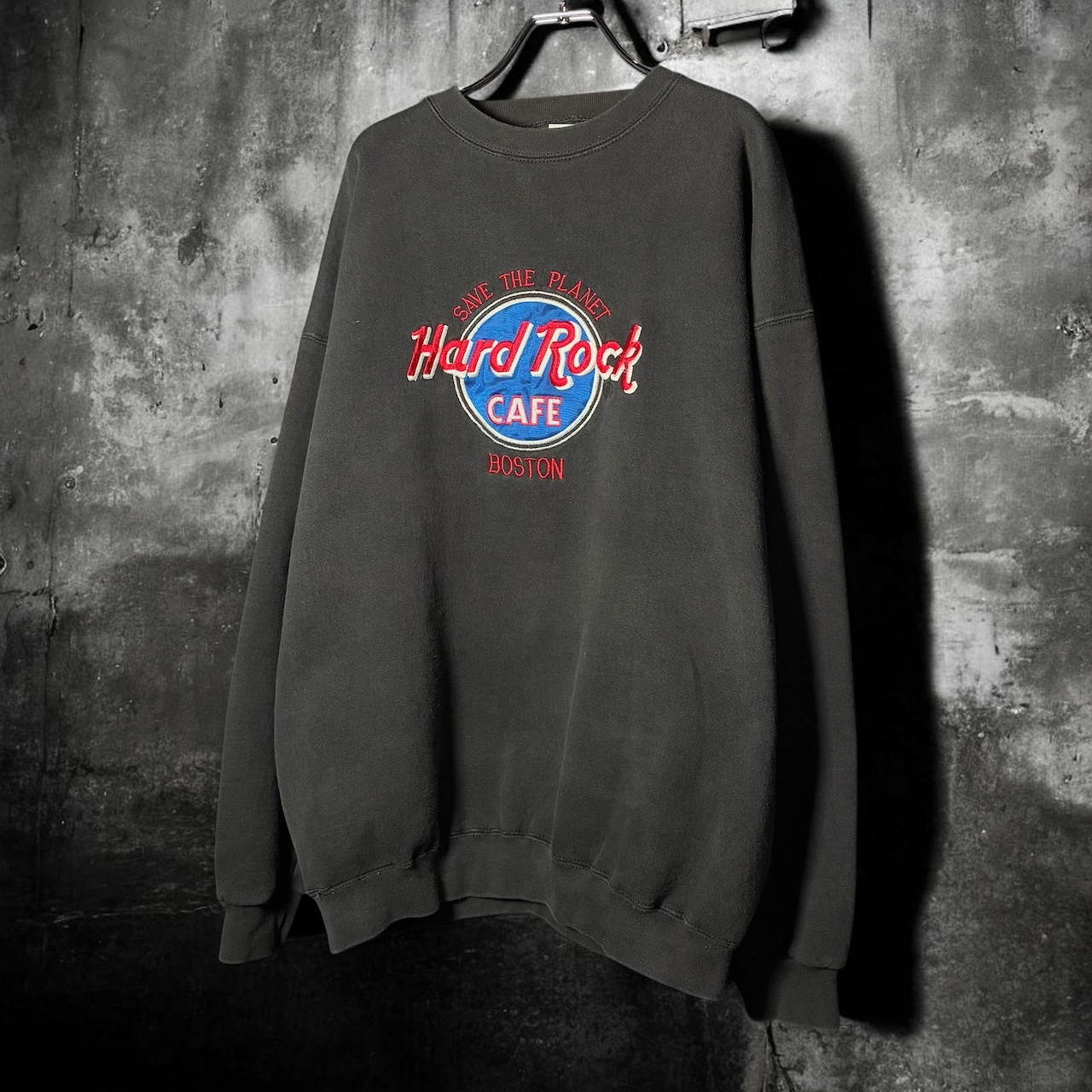 90s USA製　Hard Rock Cafe BOSTON スウェット　ブラック×赤刺繍　ハードロック