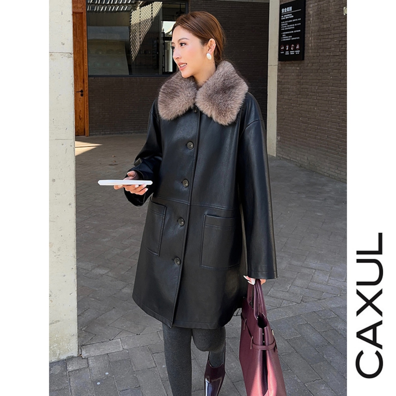 Fur Collar PULeather Straight Coat