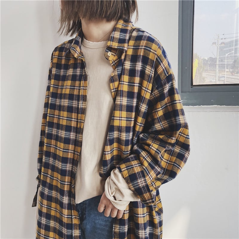 ヴィンテージ風 レトロチェック柄長袖シャツ ゆったり 長め丈