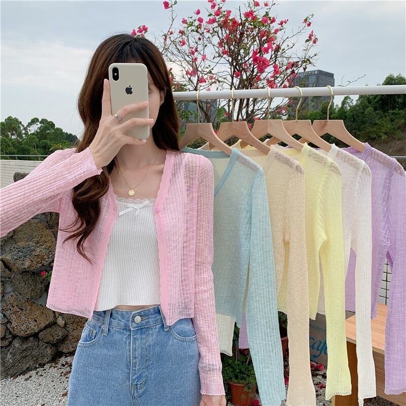 ニットセーター 薄手レディースサマーカーディガンカラーショートスリムブラウス 夏物 ピュア YY-ファッション94884765596