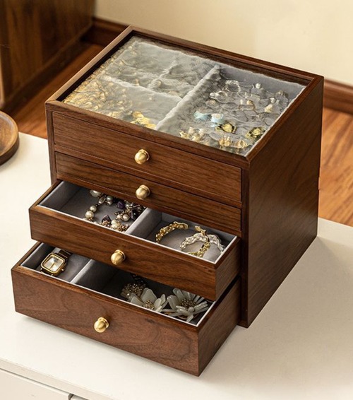 ジュエリーボックス 木製 4段 引き出し式 アクセサリーケース 宝石箱 大容量 ガラス天板 高級 収納ボックス ベルベット内装