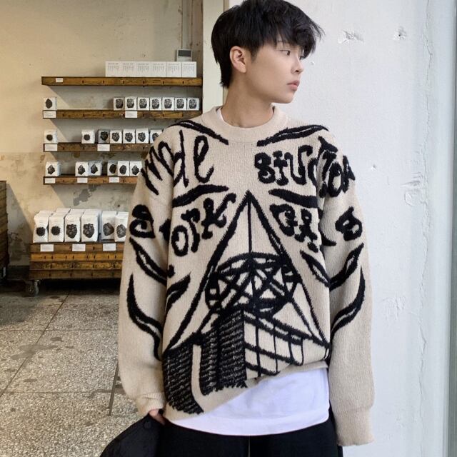 【予約販売】ニット セーター 落書き風 メンズ ベージュ ラウンドネック オーバーサイズ こなれ感 ストリート お洒落 韓国 トレンド 秋冬 S/M/L/XL