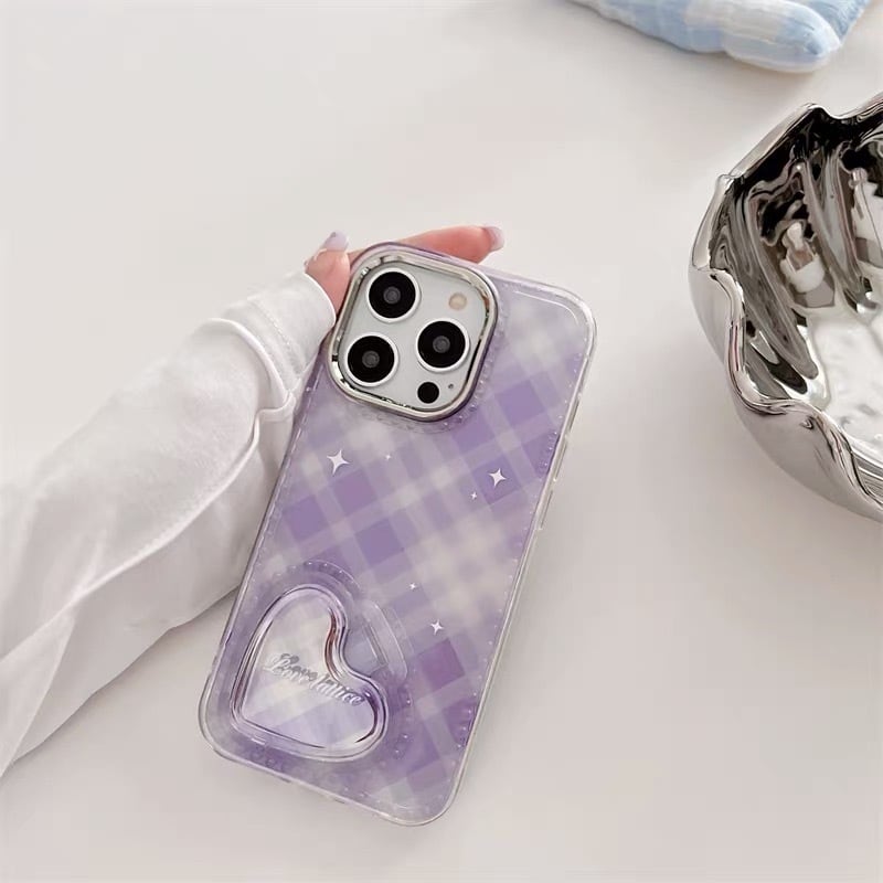 iPhoneケース iPhone14 iPhone13 ミラー チェック ハート 紫 かわいい