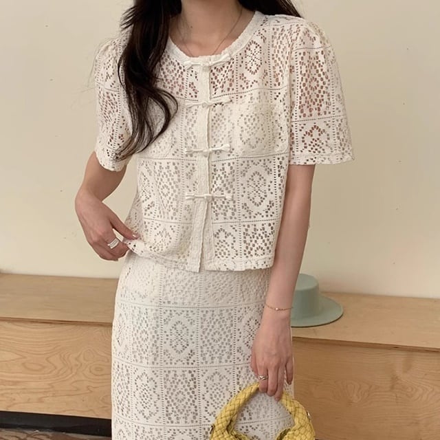 【予約販売】セットアップ レディース スカート ロング丈 半袖 トップス レース 透け感 アイボリー 上下 カジュアル 体型カバー こなれ感 大人可愛い シンプル おしゃれ 韓国 通勤 旅行 バカンス 春 夏 秋 トレンド S/M