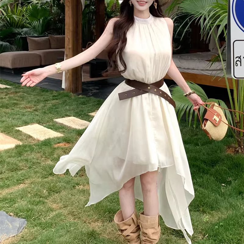 【dress】ベルト付きノースリーブシフォンイレヘムワンピース Q8263