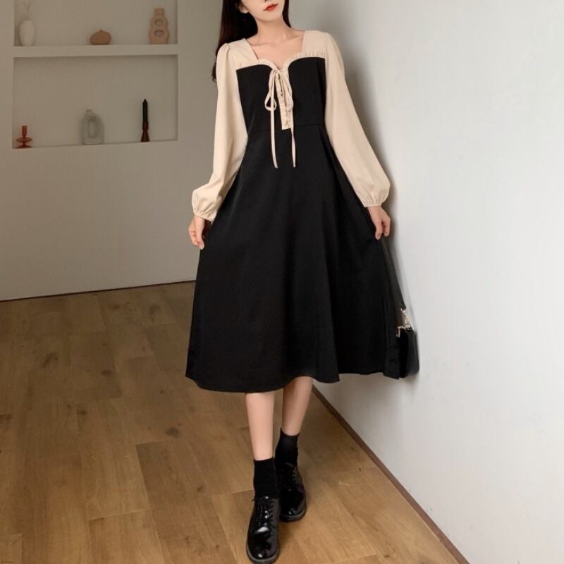 【新作】【送料無料】 秋冬新作ドレス、妖精、スーパーフェアリー、キュートでスイートなリボン、スクエアカラー、フレンチレトロロングスカート 0238437535611