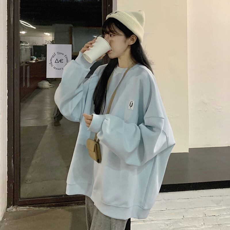 ブルーラウンドネックセーター スプリングオータムルーズトップス 春物 秋物 Oネック 試着室95584736717