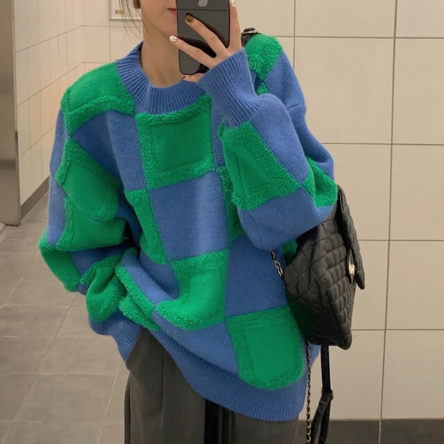 セーター レディース トップス 市松模様 一枚映え おしゃれ 個性的 ハイセンス デザイン性 オーバーシルエット グリーン×ブルー