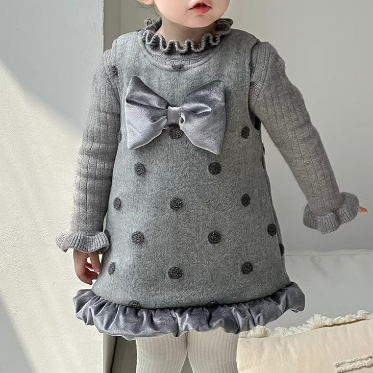 【70-100cm】ドットリボングレーワンピース【071009】