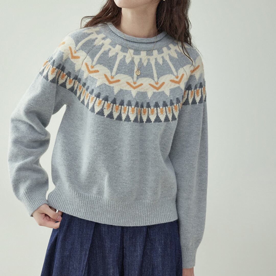 fair Isle color block round neck long sleeve sweater