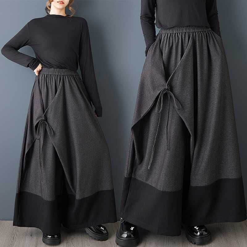 ELASTIC WAIST CONTRAST STITCHED A-LINE WIDE LEG PANTS 1color M-16066