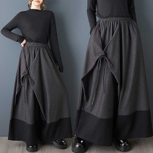 ELASTIC WAIST CONTRAST STITCHED A-LINE WIDE LEG PANTS 1color M-16066