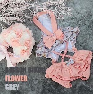 予約【HAPPYJJANGGU】RibbonBikini《FlowerGray》