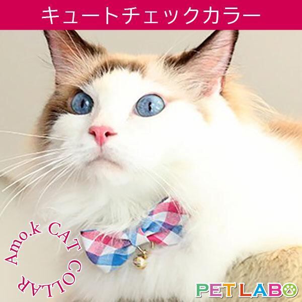 【メール便発送可能です】Amo.k(アモワークス)猫用首輪・キュートチェックカラー 首輪 胴輪 ハーネス お散歩 お出かけ お洒落 おしゃれ かわいい
