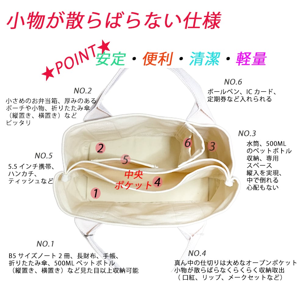 [Rikkey] ミニトートバッグ ファスナー付き キャンバス仕切り 大容量 2