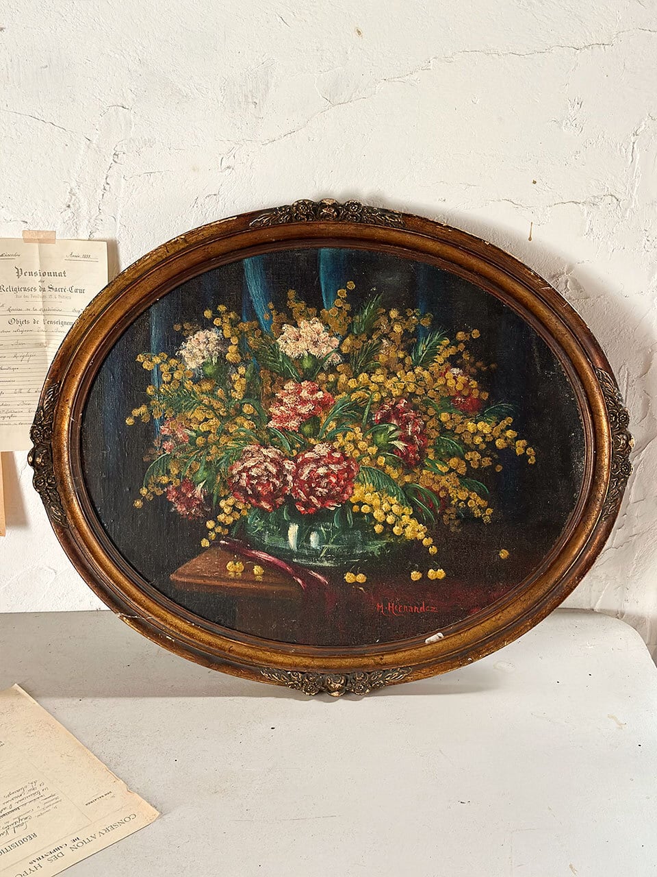 ミモザとカーネーションの油絵 額装 アート | Brocante de La Cocotte