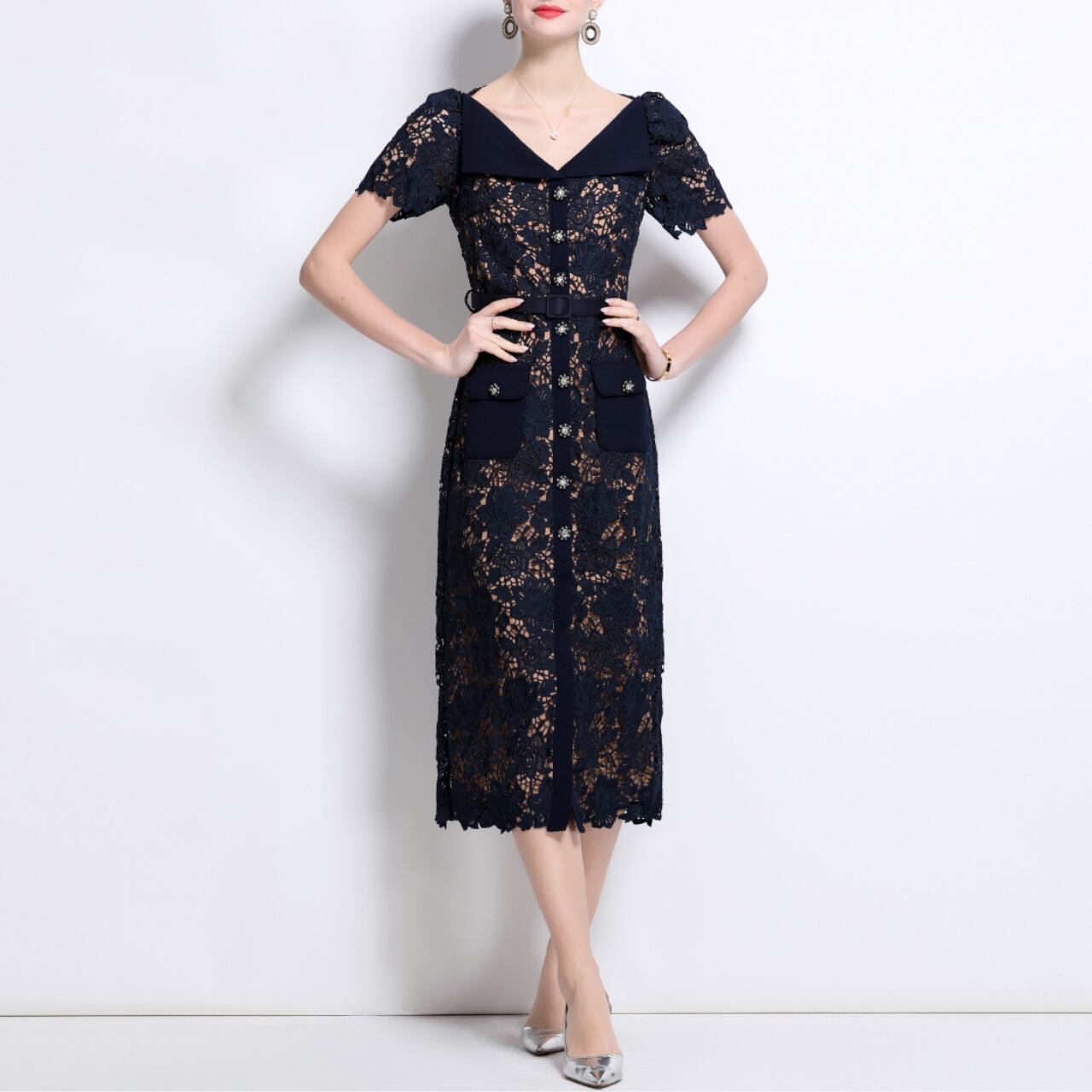 Elegant lace V-neck midi dress 00209
