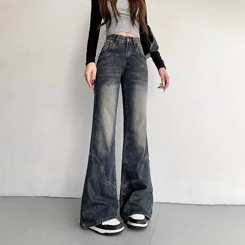 アメリカンウォッシュデザインの女性用ストレートジーンズ春夏レトロドレープルーズハイウエストスリムワイドレッグパンツ