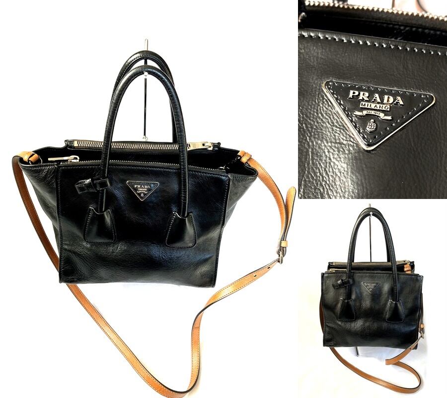 良品 国内正規 ギャラ付き 定価25万 PRADA プラダ プレート ブラック レザー 2way トート ハンドバッグ ショルダー 黒 B2625M 送料無料 匿名配送
