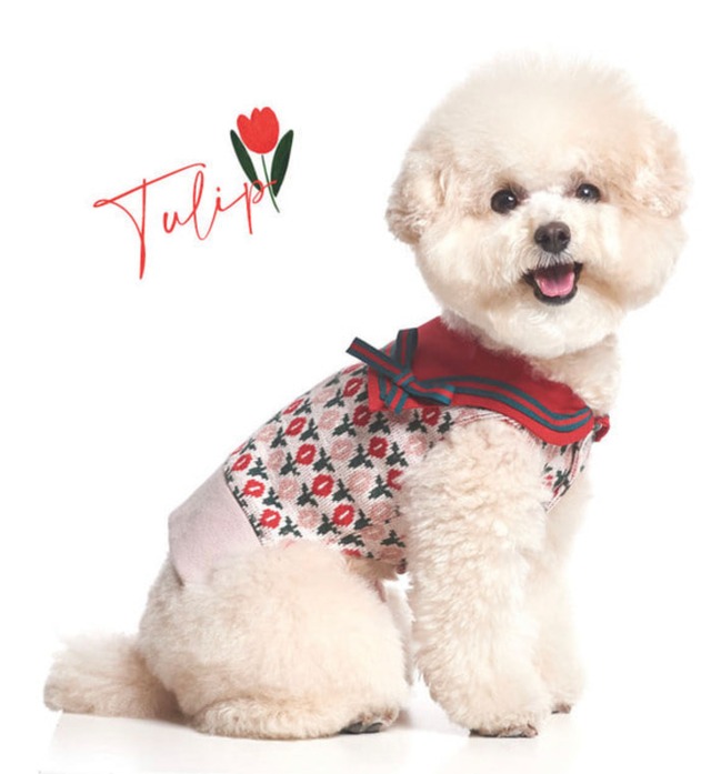 tulip button knit S ~ 2XL  /  犬服 秋冬 新作 可愛い 犬の服 ニット ドッグウェア 花柄 お揃い 袖なし カーディガン ベスト b40