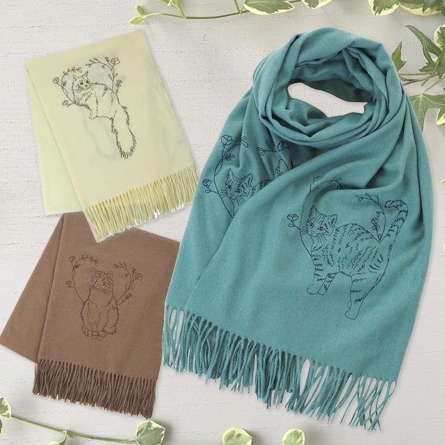 猫柄 大判 ストール マフラー 秋冬 あったか ねこ 猫 刺繍 ギフト プレゼント