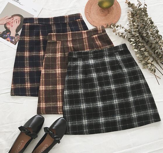 韓国ファッション チェック柄 スカート レディース オルチャン ミニ ウール タイト 台形 冬 Tb 422 毒いちご 韓国ファッション