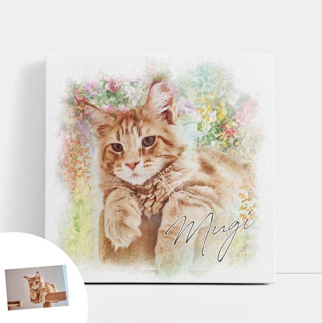 Kページ　ペット似顔絵オーダーメイド　花畑アレンジ　L版 ペット似顔絵 フレーム額付 お花畑 犬 猫 ペット オーダーメイド