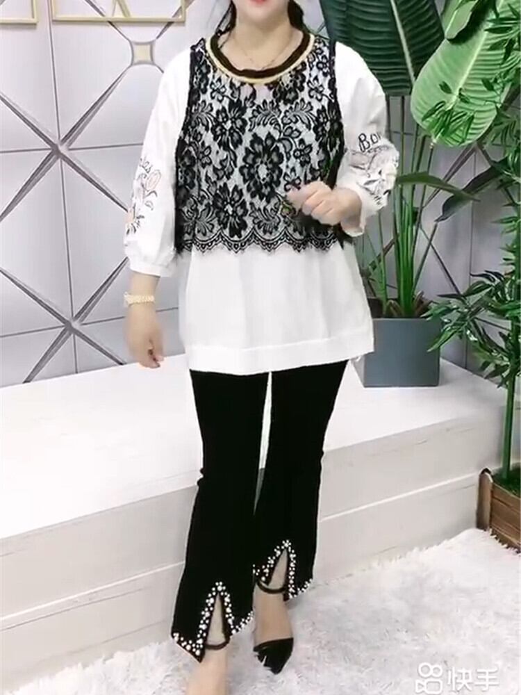 Tシャツ ラウンドネックレースブラウス 大きめサイズ Oネック ヨーロピアン ステッチ ミックスインファッション71492139428