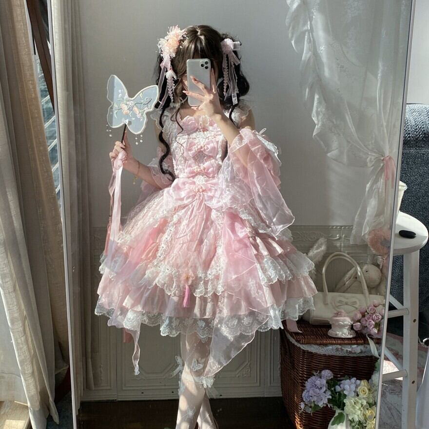 ロリータファッション 甘ロリ 若草色・ピンク・紫 レースリボン付け袖