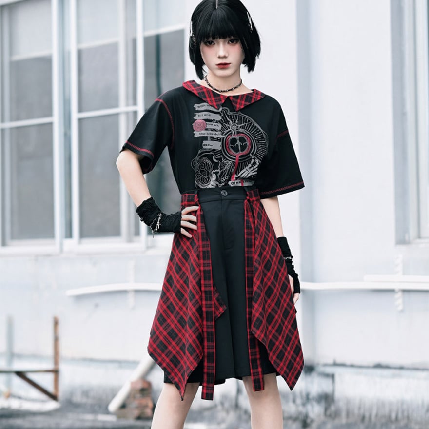 地雷系 スカートパンツ 赤黒チェック 2WAYデザイン | ゴスロリ通販