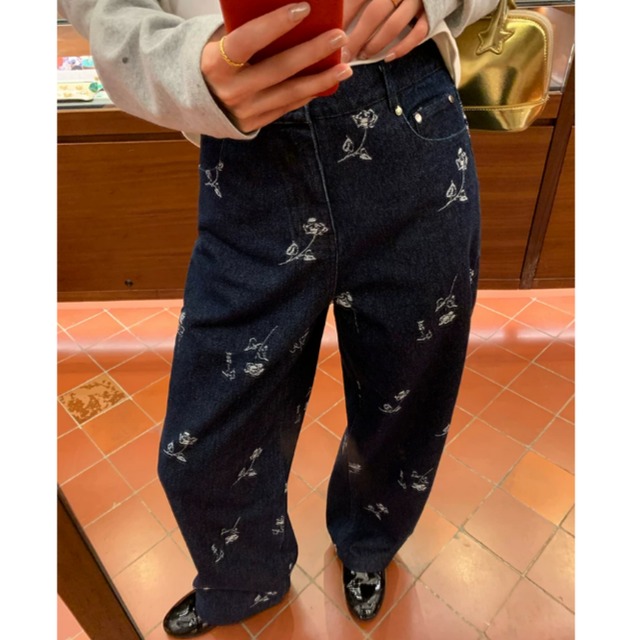フラワー刺繍インディゴ デニムパンツ　2litr06002