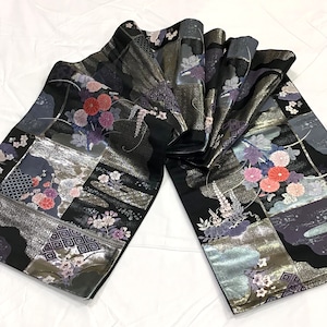 正絹・袋帯・黒・銀・市松・花・No.200701-0519・梱包サイズ60