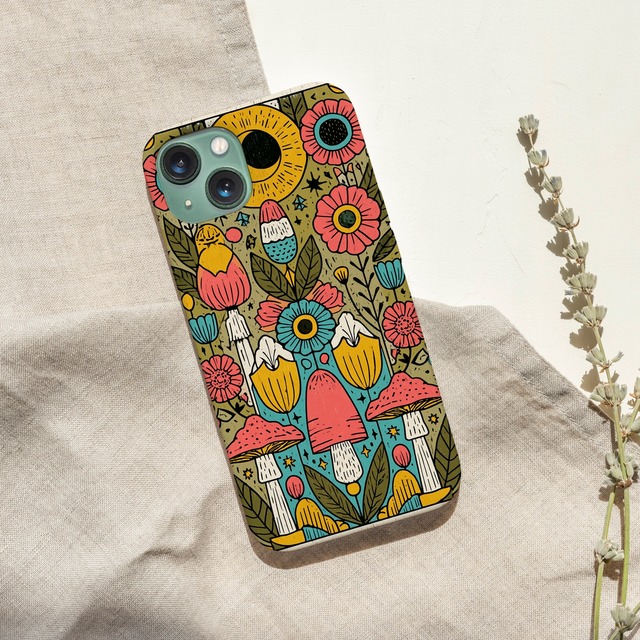 受注生産 iPhoneケース きのこと花のサイケフォーク｜レトロ民芸 PSYF009A