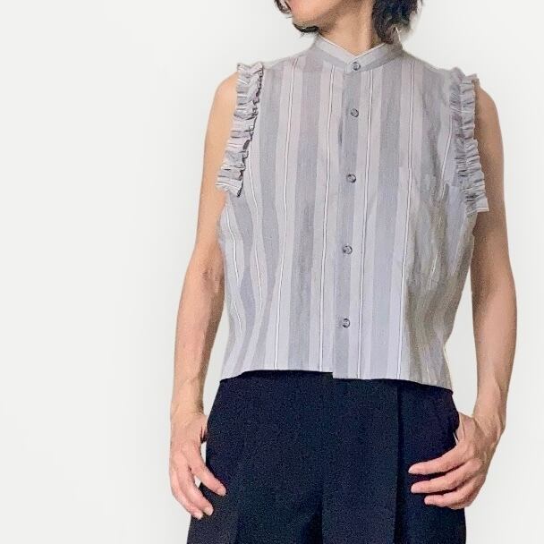 ZOZOTTE リメイク ノースリーブフリル付きブラウス/グレーストライプ