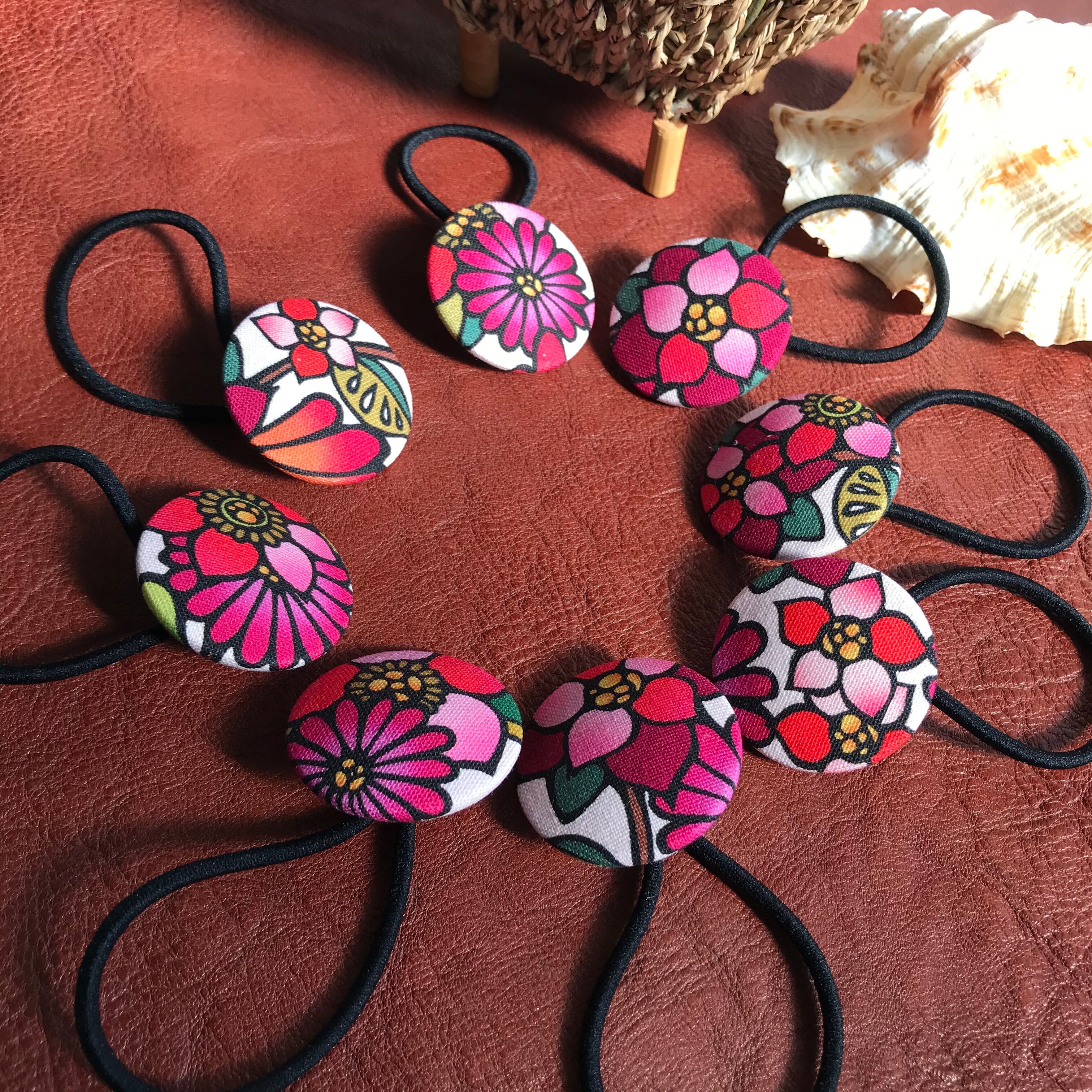 お花と蝶々のくるみボタンヘアゴム(Pink)3つセット